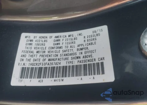 2015 Honda Accord Sport z USA, uszkodzony, nr VIN 1HGCR2F50FA267824